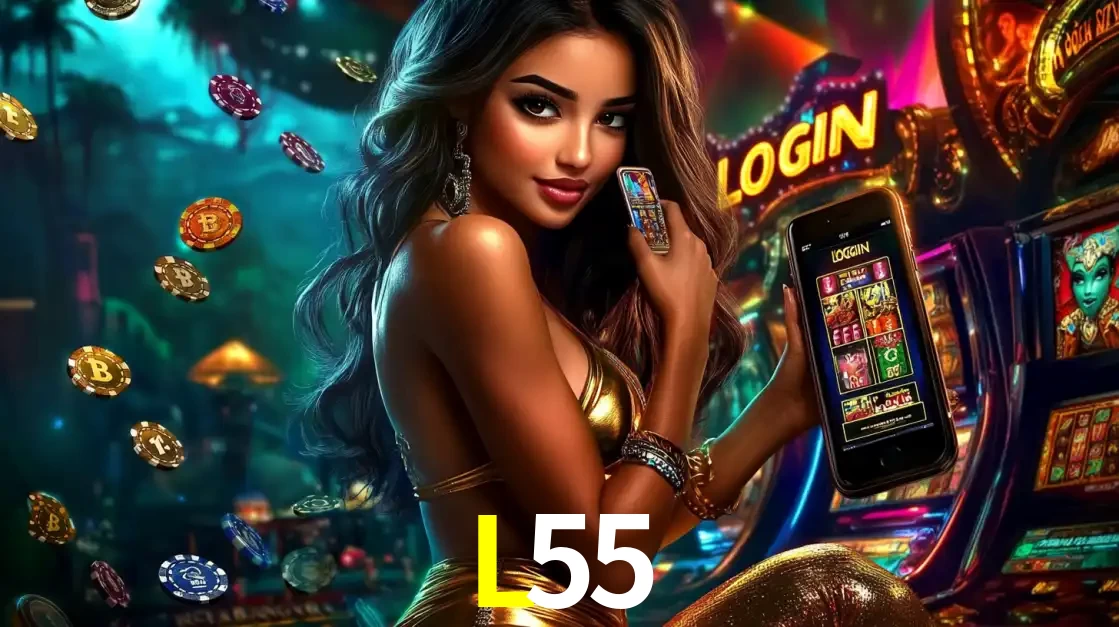 Mulher em um cenário de cassino temático de aventura, mostrando o app de caça-níqueis da L55 no celular. Fichas de apostas flutuam ao redor.