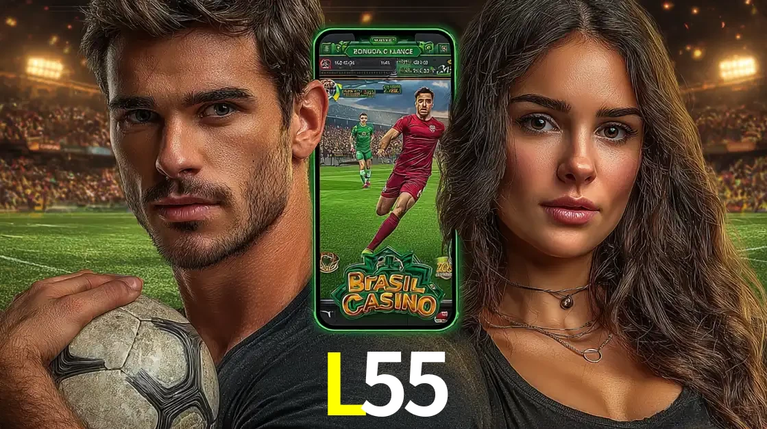 Homem segurando uma bola de futebol e uma mulher ao lado de um smartphone exibindo o jogo de apostas esportivas da L55. Faça seu palpite no cassino online.